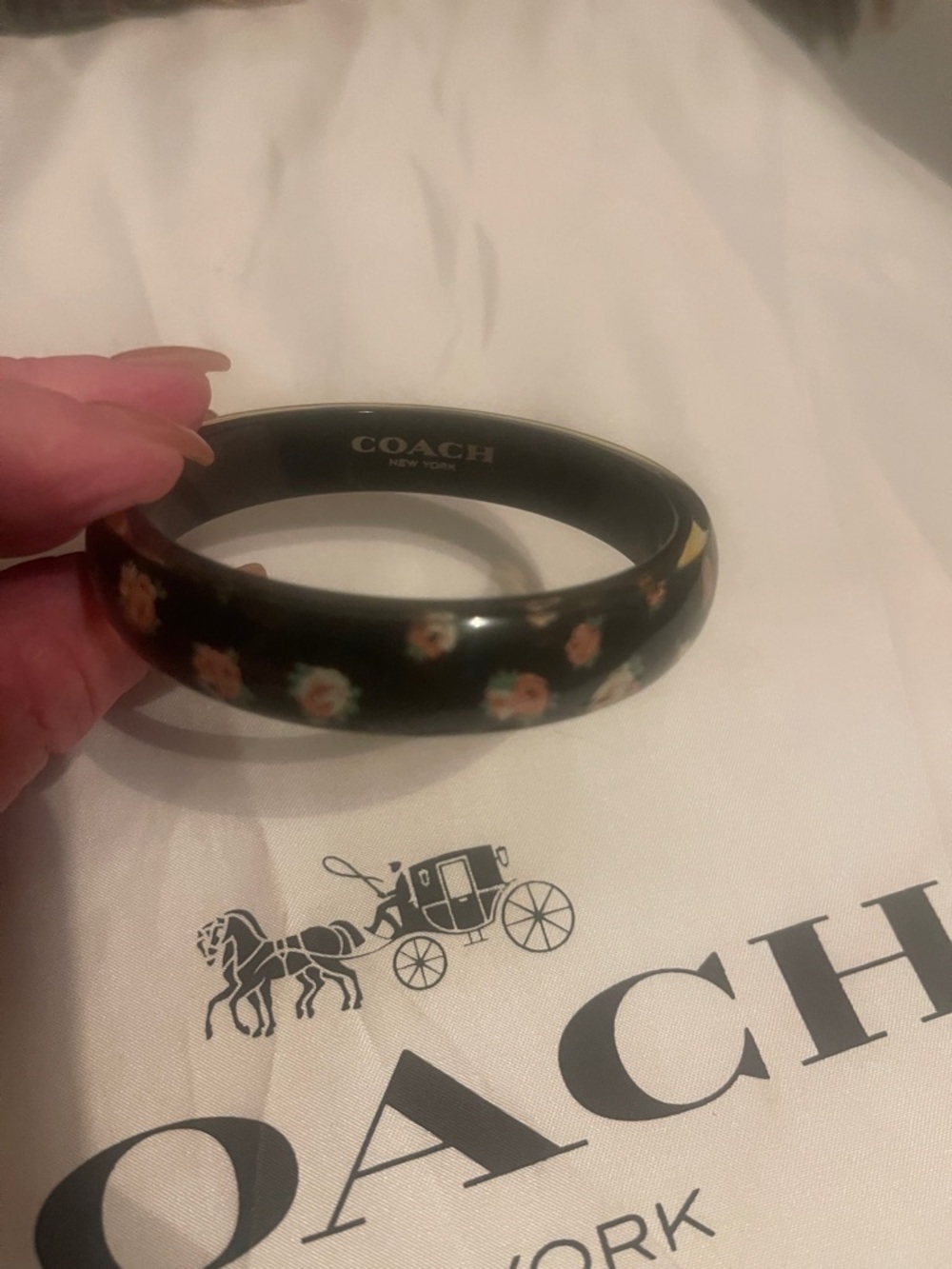 COACH New York Black Floral Resin Bangle Bracelet with Roses